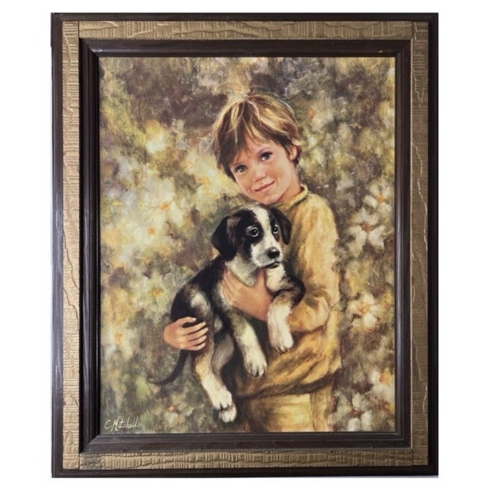 C Mitchell Comrades Signed Boy Dog Framed Print 24x20 Vintage 1960s MCM